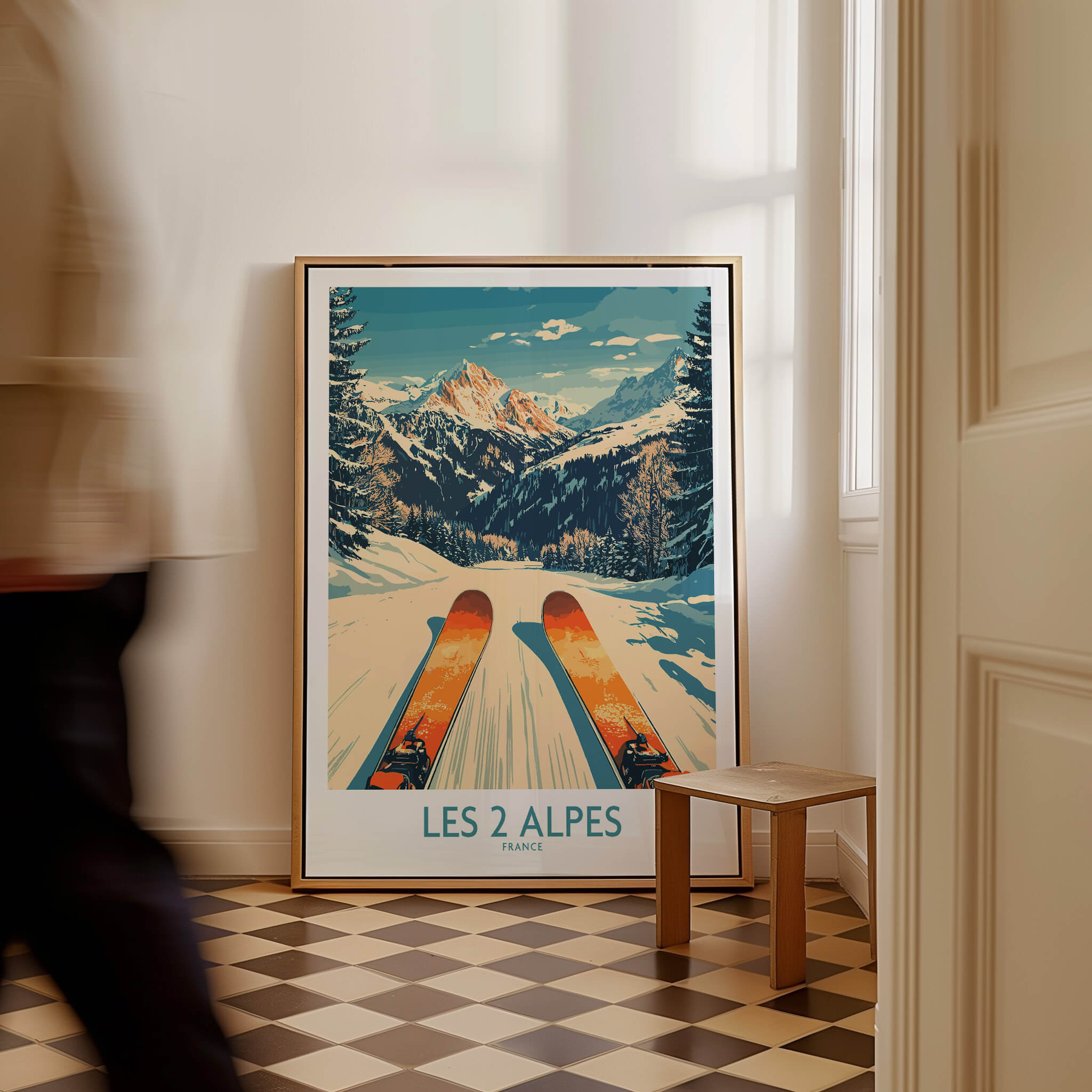 Les 2 Alpes Wall Art Ski Print featuring a skier in front of stunning snowy mountains.