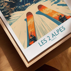 Les 2 Alpes Wall Art Ski Print featuring vibrant skis on powdery slopes in the French Alps.