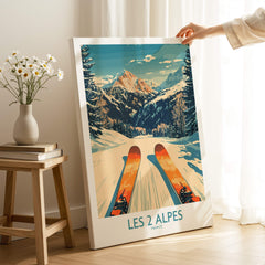 Les 2 Alpes Wall Art Ski Print featuring skier in stunning French Alps landscape.