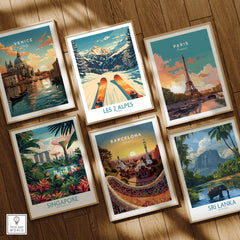 Les 2 Alpes Wall Art Ski Print among travel-themed artwork including Venice, Paris, Barcelona, Singapore, and Sri Lanka
