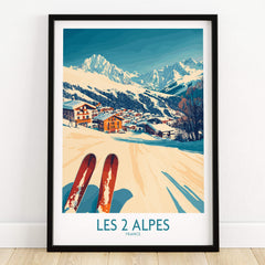 Les 2 Alpes Ski Poster Print featuring a vibrant ski scene with colorful mountains and charming village.
