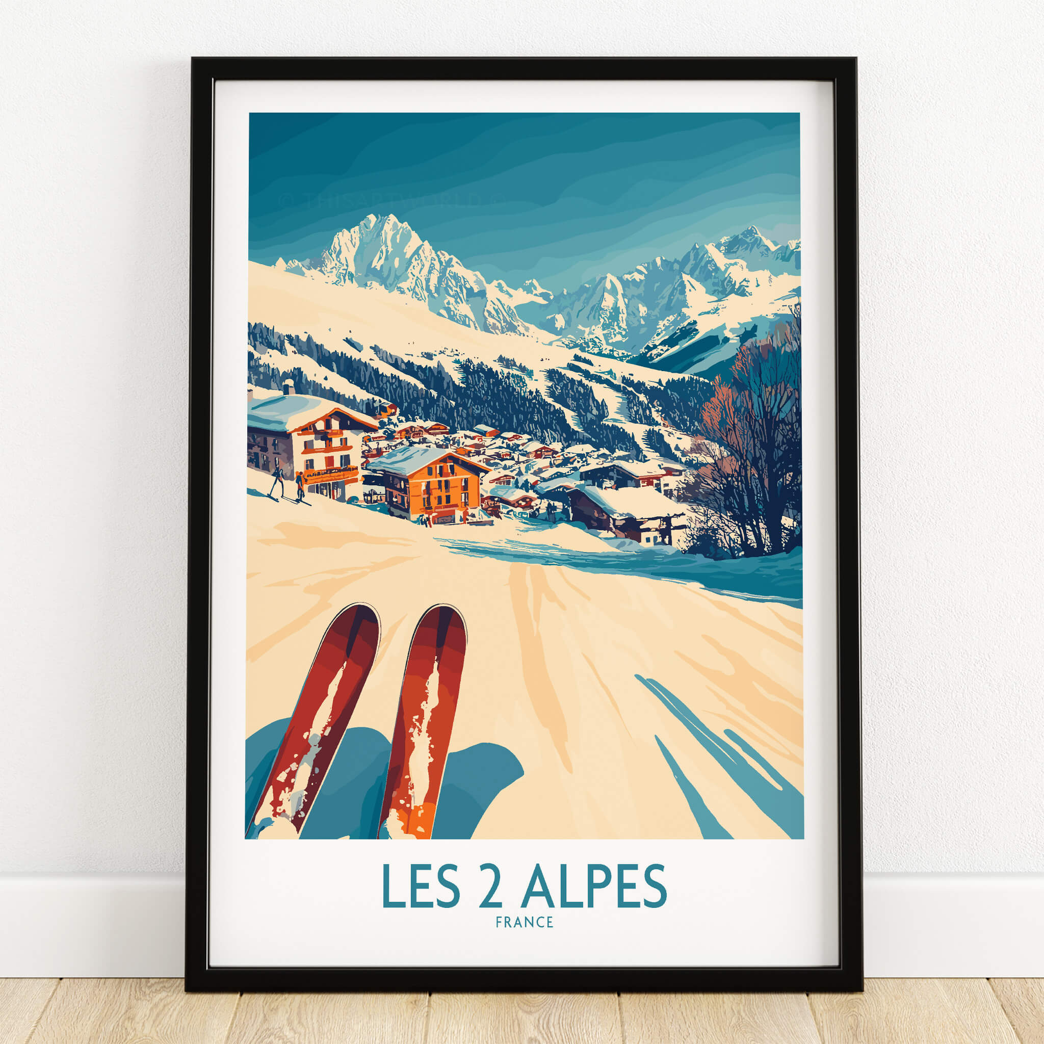 Les 2 Alpes Ski Poster Print featuring a vibrant ski scene with colorful mountains and charming village.