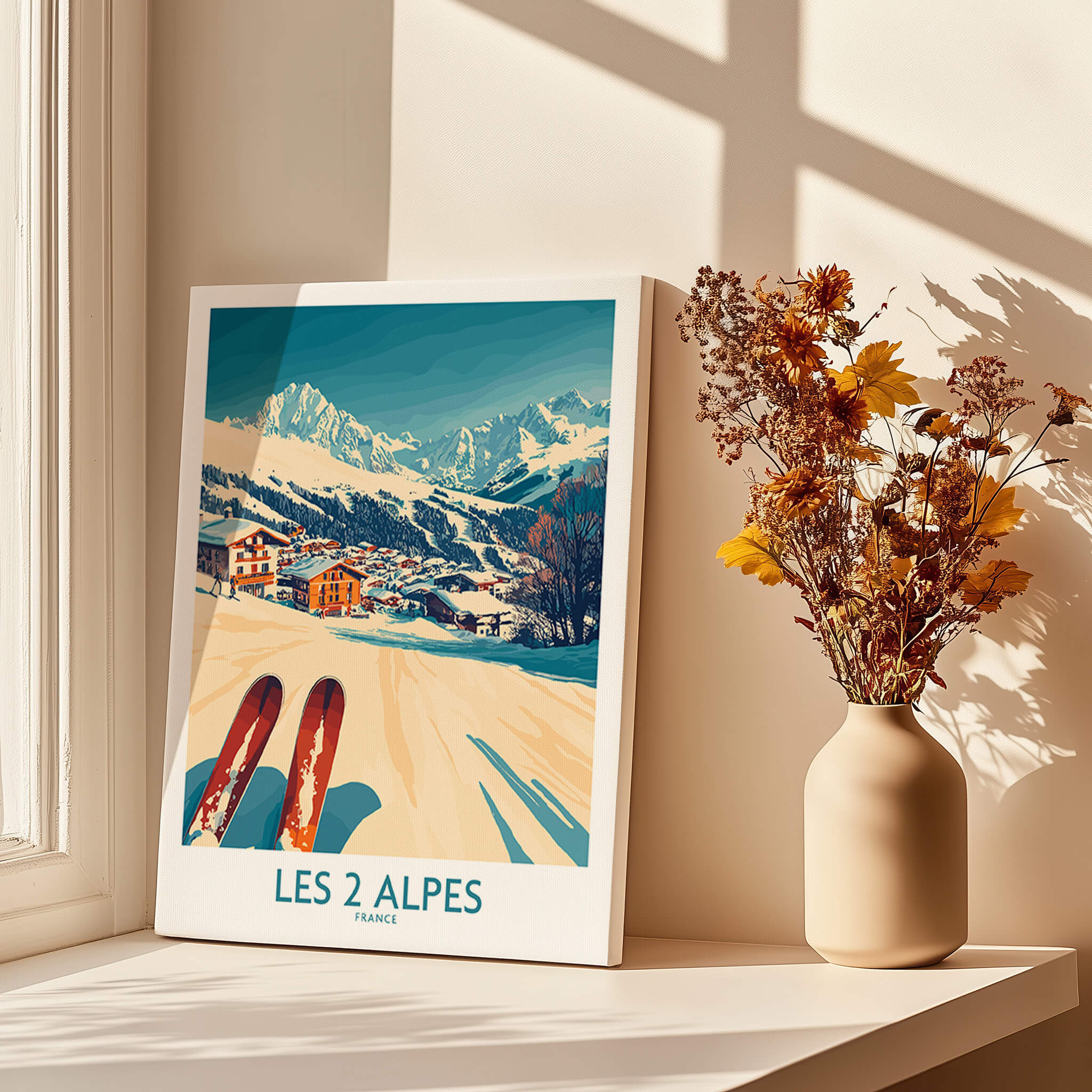 Les 2 Alpes Ski Poster Print showcasing vibrant scenery and ski tracks with a cozy indoor setting.