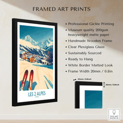 Les 2 Alpes Ski Poster Print in a stylish frame showcasing vibrant ski scene and professional Giclée quality.