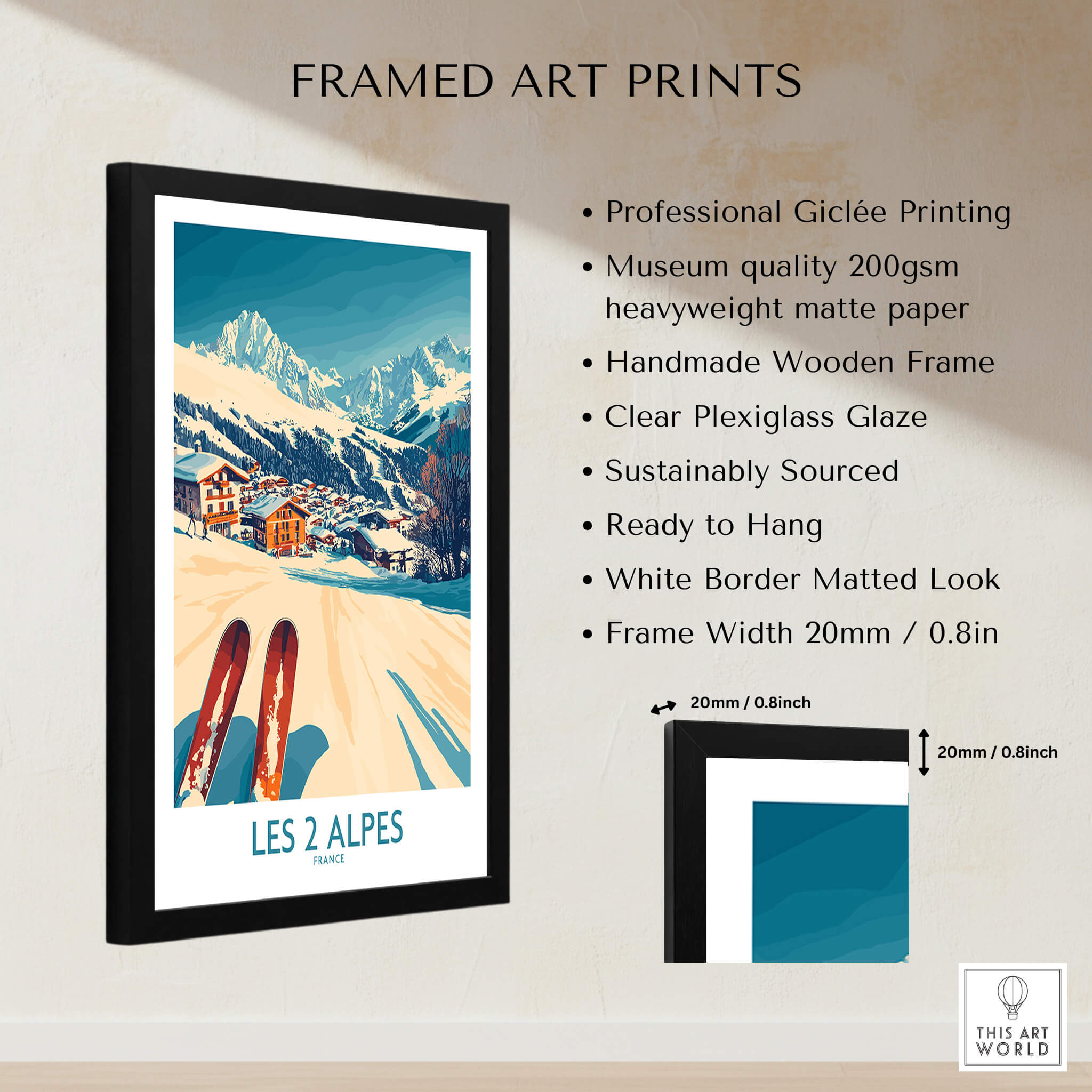 Les 2 Alpes Ski Poster Print in a stylish frame showcasing vibrant ski scene and professional Giclée quality.
