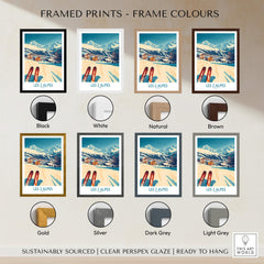 Les 2 Alpes Ski Poster Print framed in various color options including black, white, natural, brown, gold, silver, dark grey, light grey.
