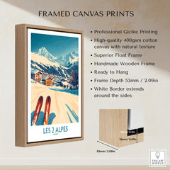 Les 2 Alpes Ski Poster Print framed canvas with professional giclée printing and vibrant mountain views.
