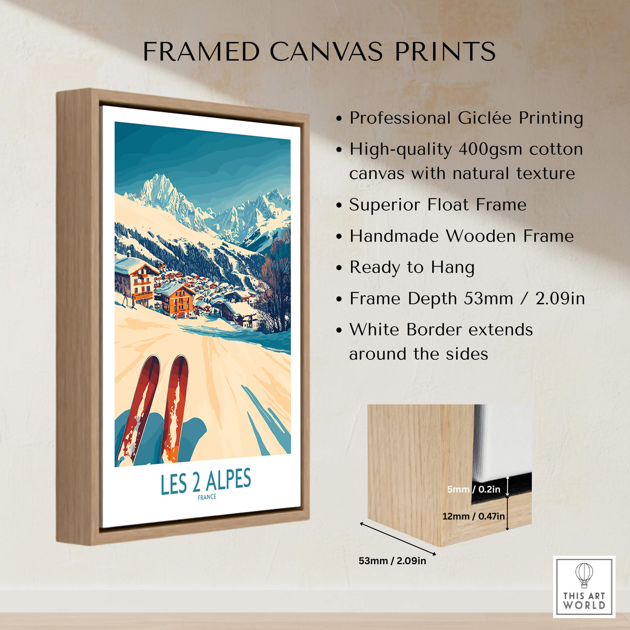 Les 2 Alpes Ski Poster Print framed canvas with professional giclée printing and vibrant mountain views.