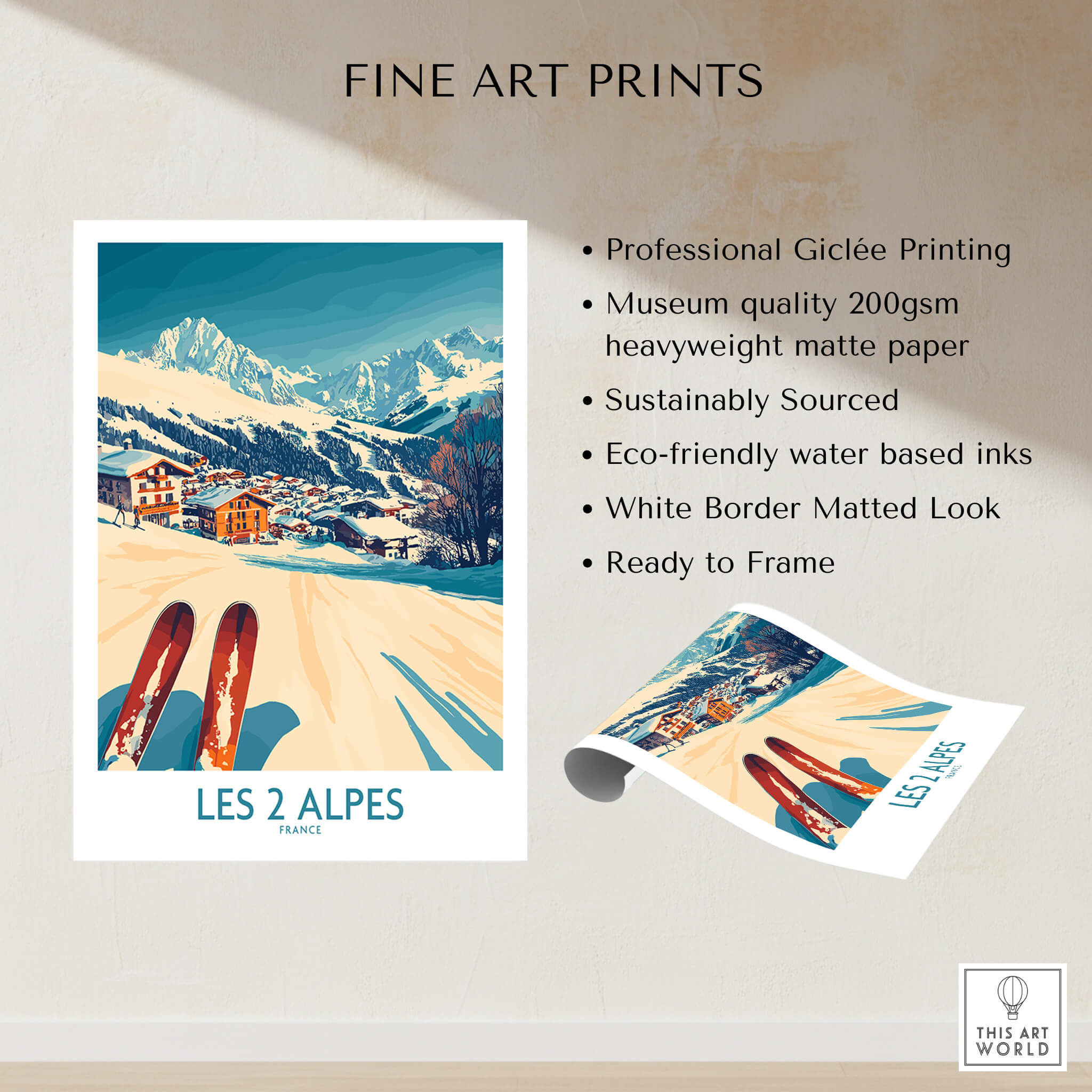 Les 2 Alpes Ski Poster Print showcasing vibrant colors and stunning mountain views, perfect for home or office decor.