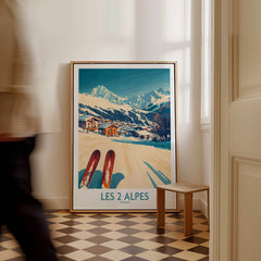 Les 2 Alpes Ski Poster Print displayed in a stylish interior, capturing the essence of skiing at Les 2 Alpes.