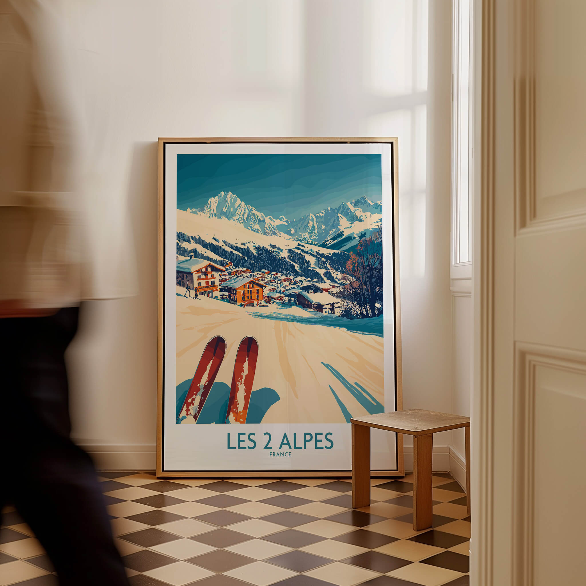 Les 2 Alpes Ski Poster Print displayed in a stylish interior, capturing the essence of skiing at Les 2 Alpes.