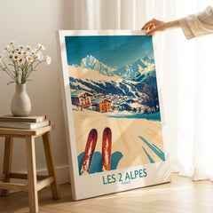 Les 2 Alpes Ski Poster Print featuring vibrant mountain scenery and ski equipment indoors.