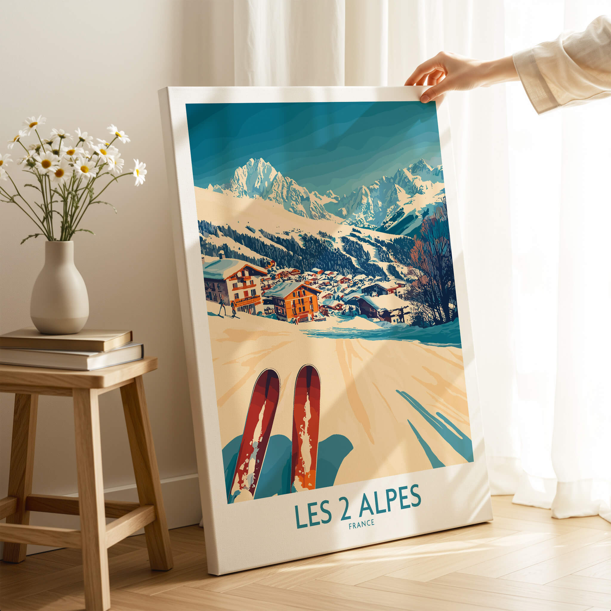 Les 2 Alpes Ski Poster Print featuring vibrant mountain scenery and ski equipment indoors.