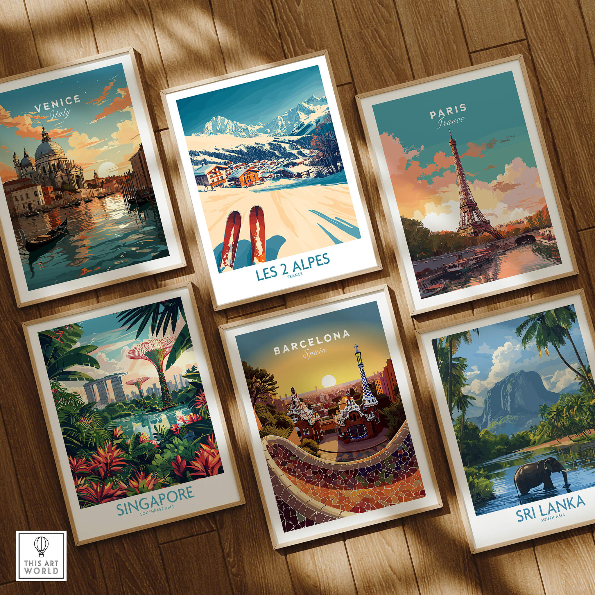 Les 2 Alpes Ski Poster Print among other travel art prints including Venice, Paris, Singapore, Barcelona, and Sri Lanka.