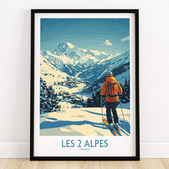 Les 2 Alpes Poster France featuring a skier amidst stunning mountain scenery.
