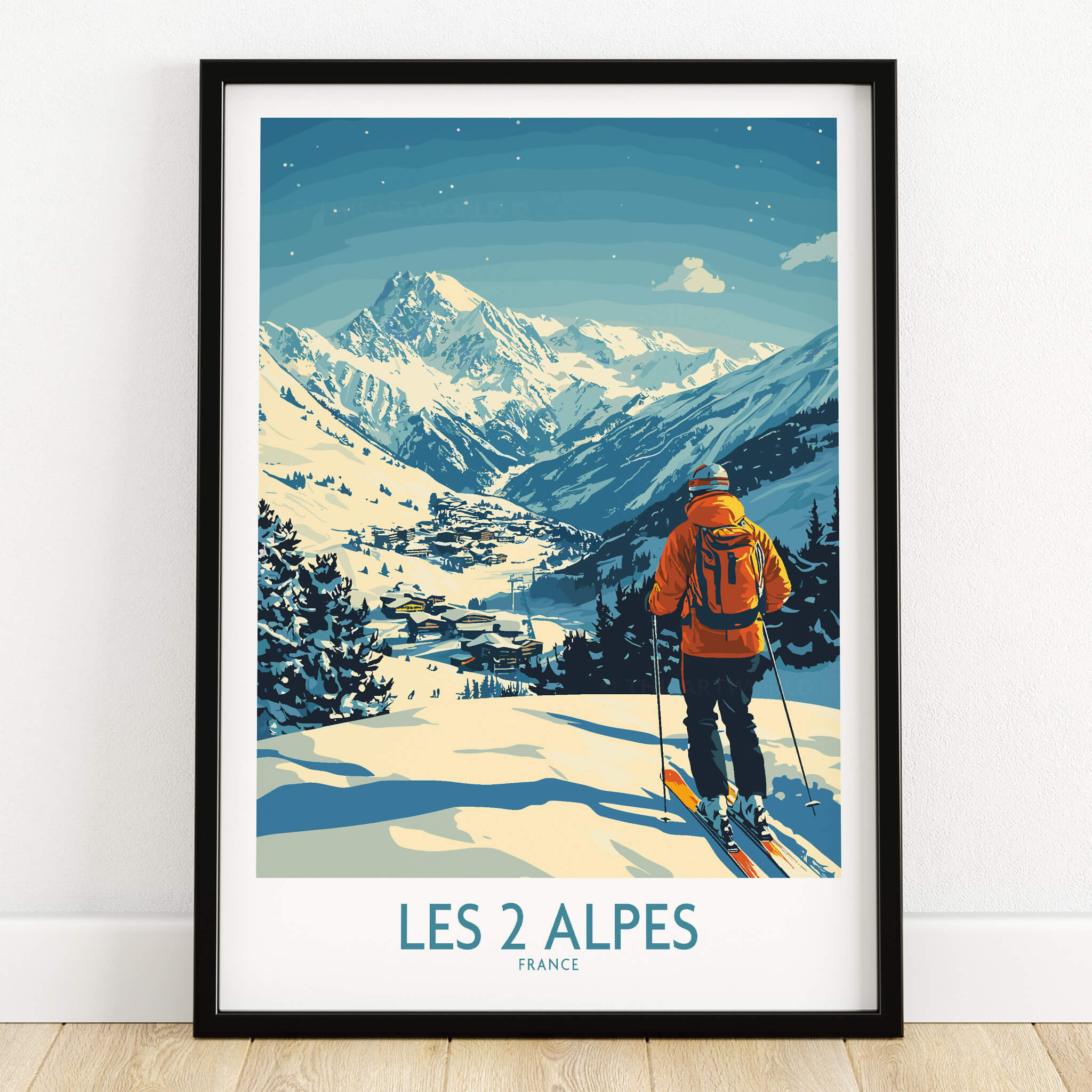 Les 2 Alpes Poster France featuring a skier amidst stunning mountain scenery.