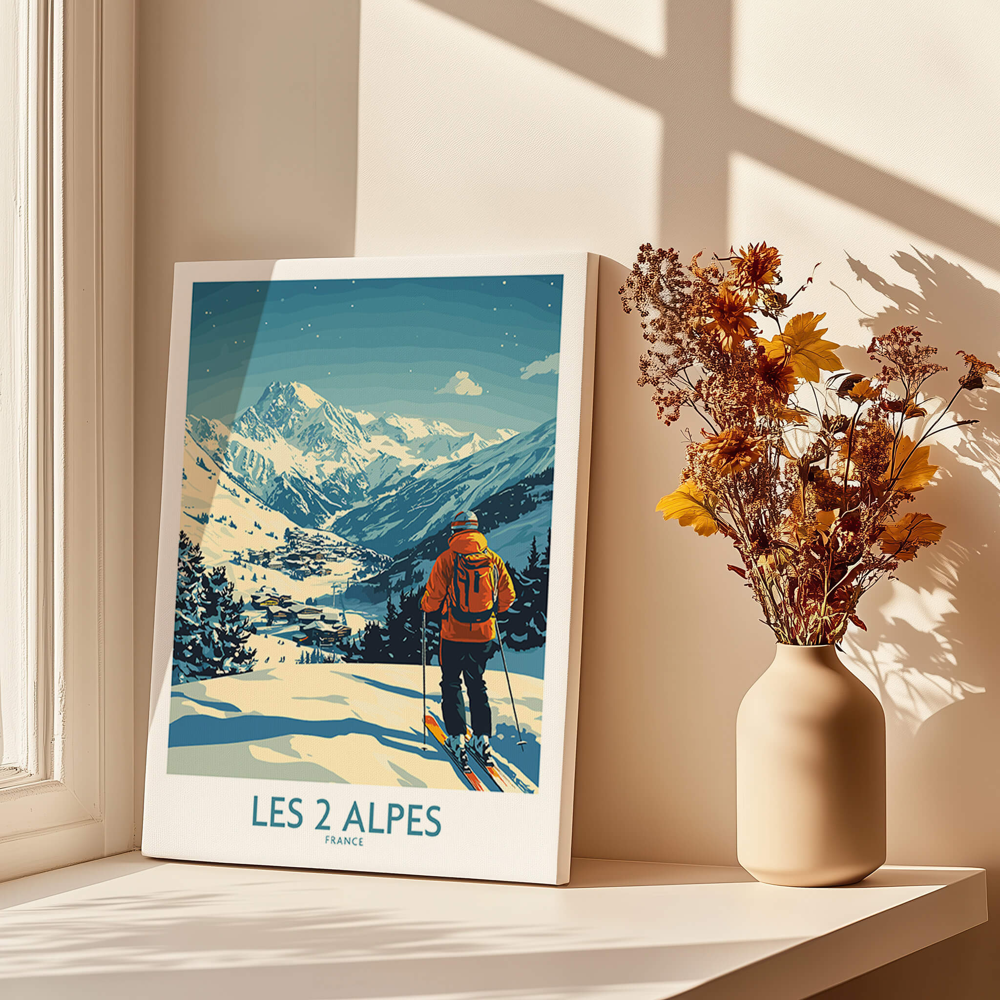 Les 2 Alpes Poster France featuring a skier overlooking a beautiful winter landscape.