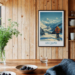 Les 2 Alpes Poster France showcasing skier in stunning snowy landscape and mountains on wall decor.