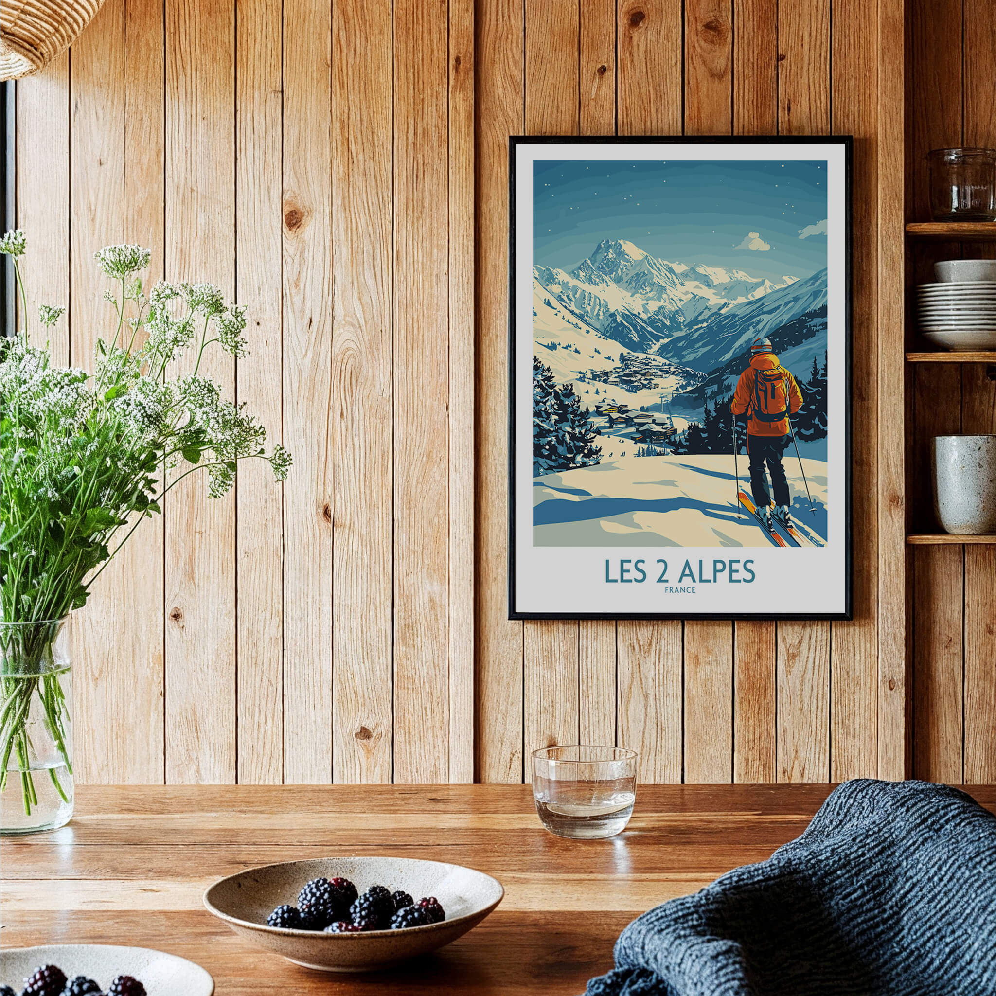 Les 2 Alpes Poster France showcasing skier in stunning snowy landscape and mountains on wall decor.