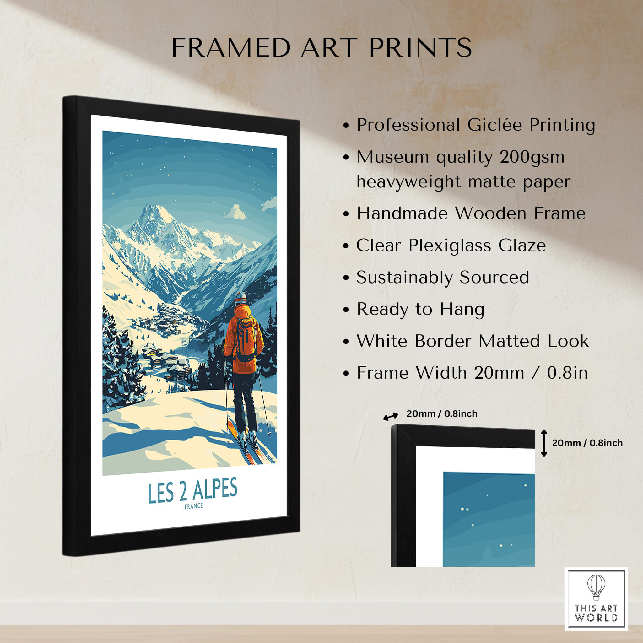 Les 2 Alpes Poster France framed art print showcasing ski resort and mountain views.