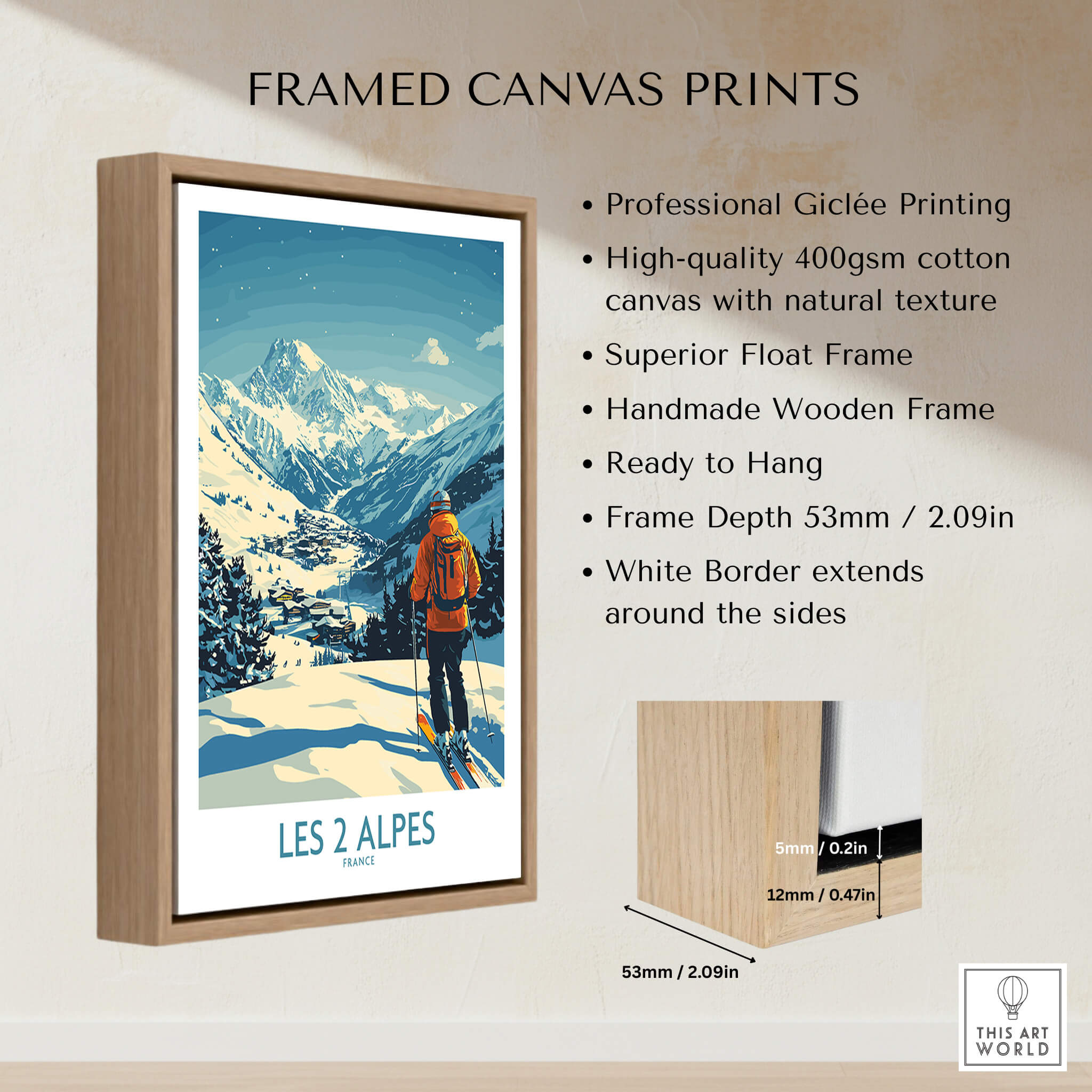 Framed Les 2 Alpes Poster France showcasing a skier on a mountain with professional giclée printing and natural texture.
