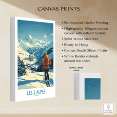 Les 2 Alpes Poster France displayed on canvas, showcasing beautiful mountain scenery and vibrant colors.