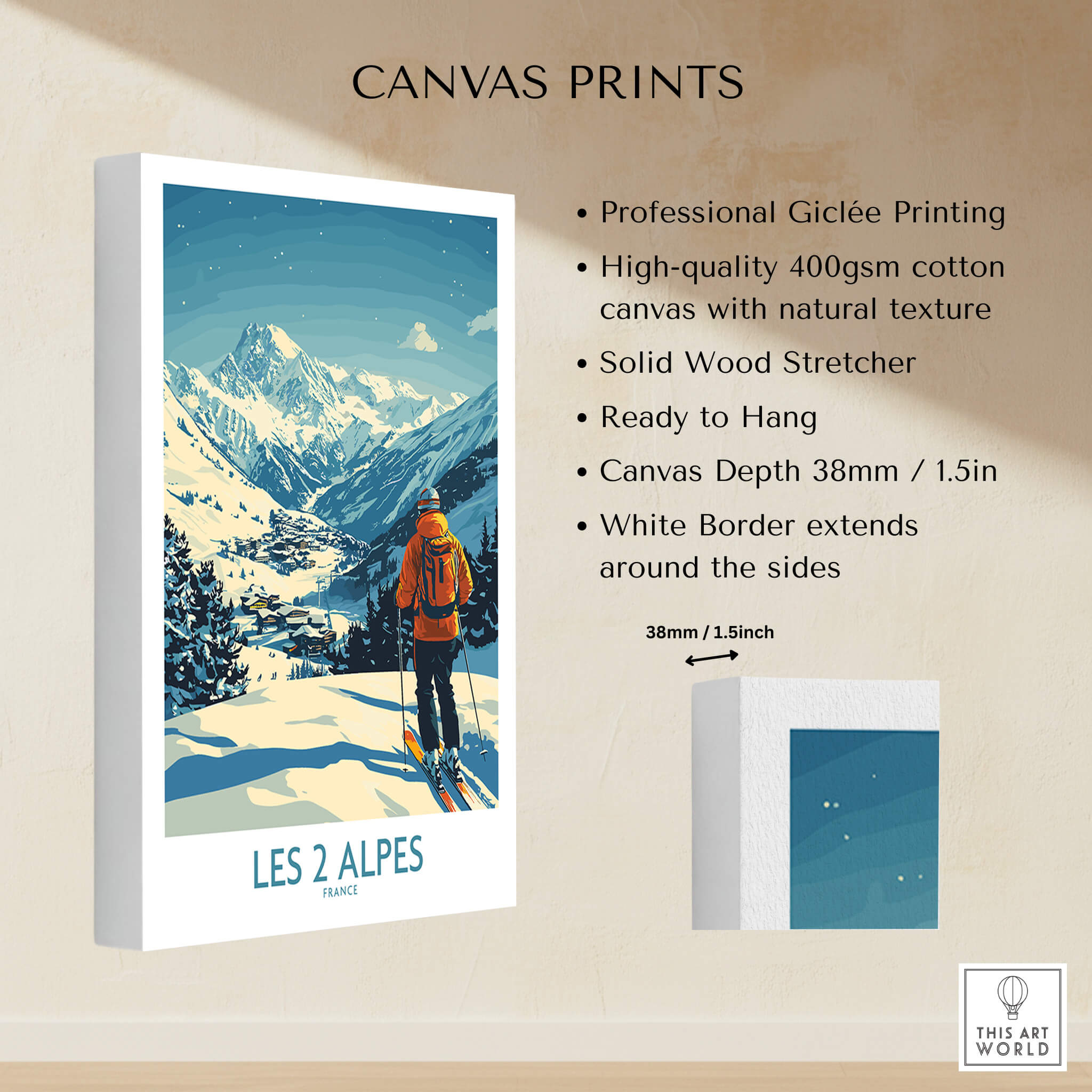 Les 2 Alpes Poster France displayed on canvas, showcasing beautiful mountain scenery and vibrant colors.