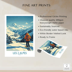 Les 2 Alpes Poster France showcasing a skier in breathtaking mountain scenery, perfect for any adventure lover's wall.