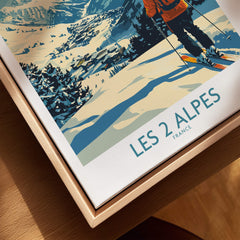 Les 2 Alpes Poster France showcasing a skier in a stunning mountain landscape.