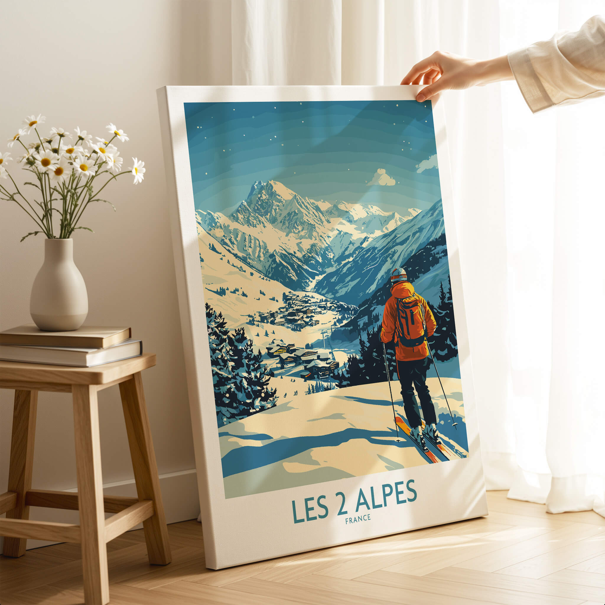 Les 2 Alpes Poster France, vibrant ski resort poster showcasing stunning mountain views.
