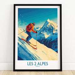 Les 2 Alpes Wall Art Ski Poster featuring a skier on a snowy slope with mountains in the background.