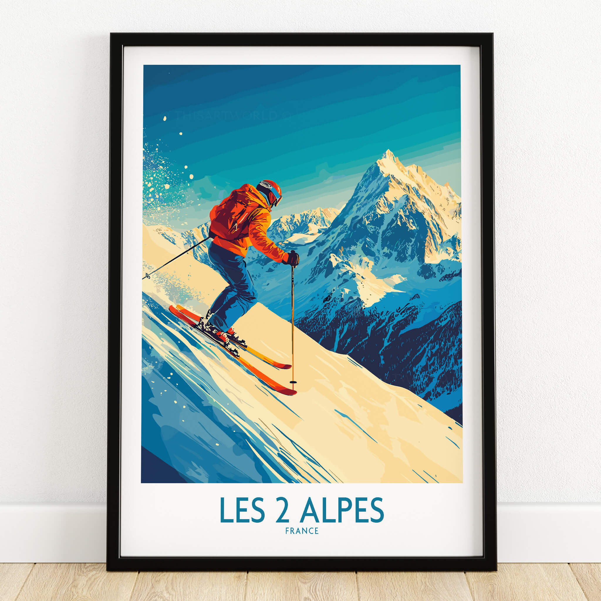 Les 2 Alpes Wall Art Ski Poster featuring a skier on a snowy slope with mountains in the background.