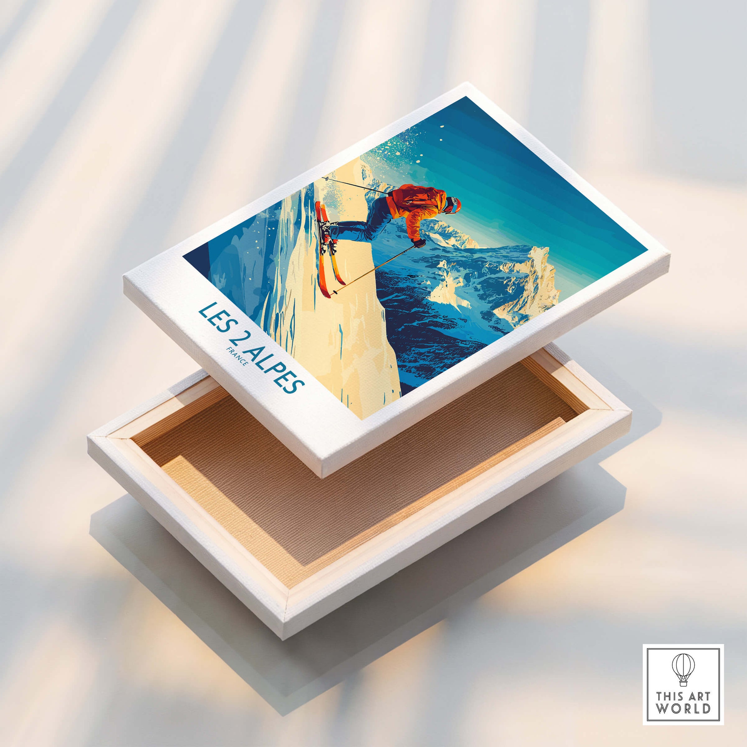 Les 2 Alpes Wall Art Ski Poster showcasing vibrant skiing action with stunning mountains in background.