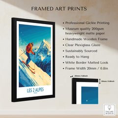 Les 2 Alpes Wall Art Ski Poster with framed print showcasing vibrant skiing scene and mountains.