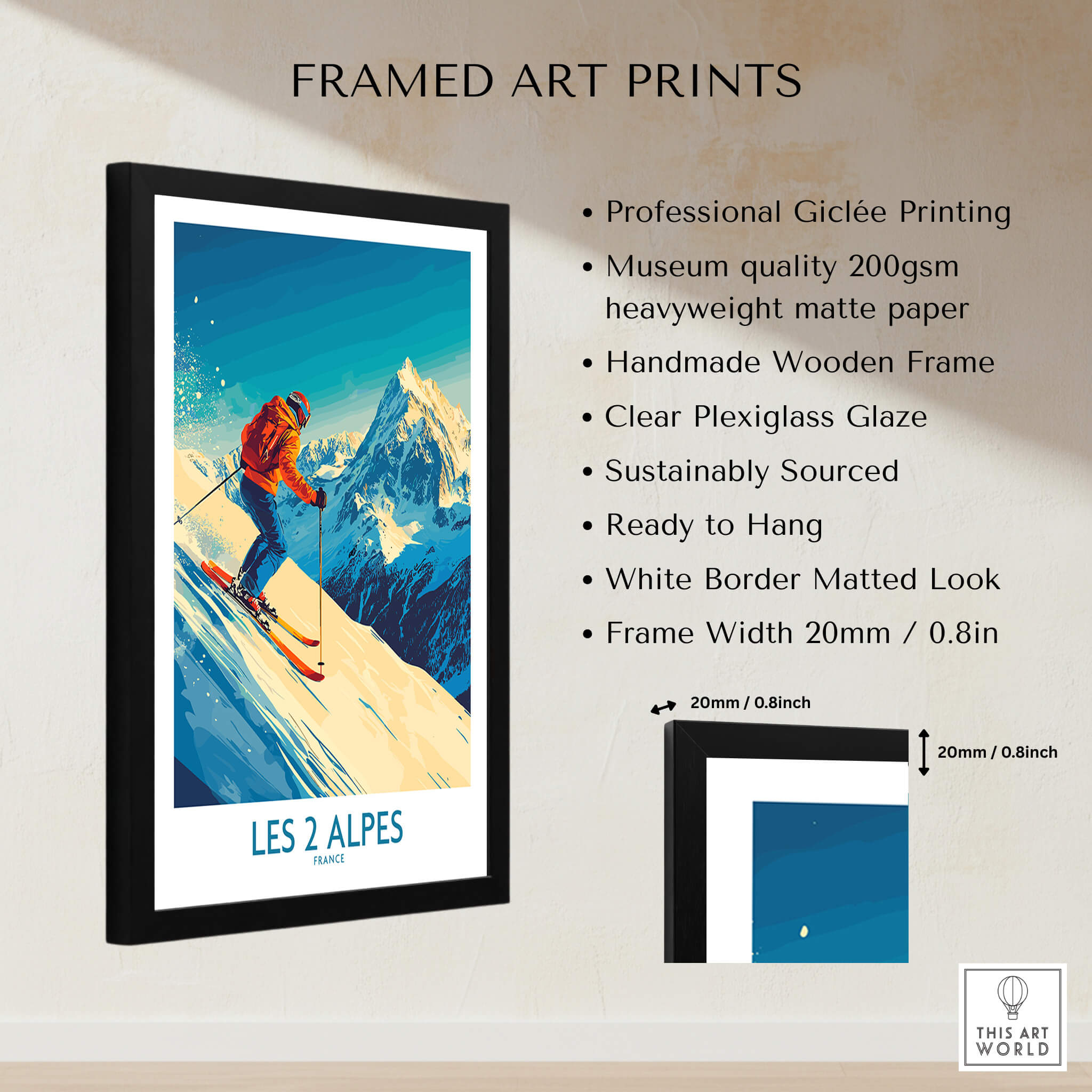 Les 2 Alpes Wall Art Ski Poster with framed print showcasing vibrant skiing scene and mountains.