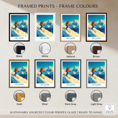 Framed prints options for Les 2 Alpes Wall Art Ski Poster in various colors including black, white, natural, brown, gold, silver.