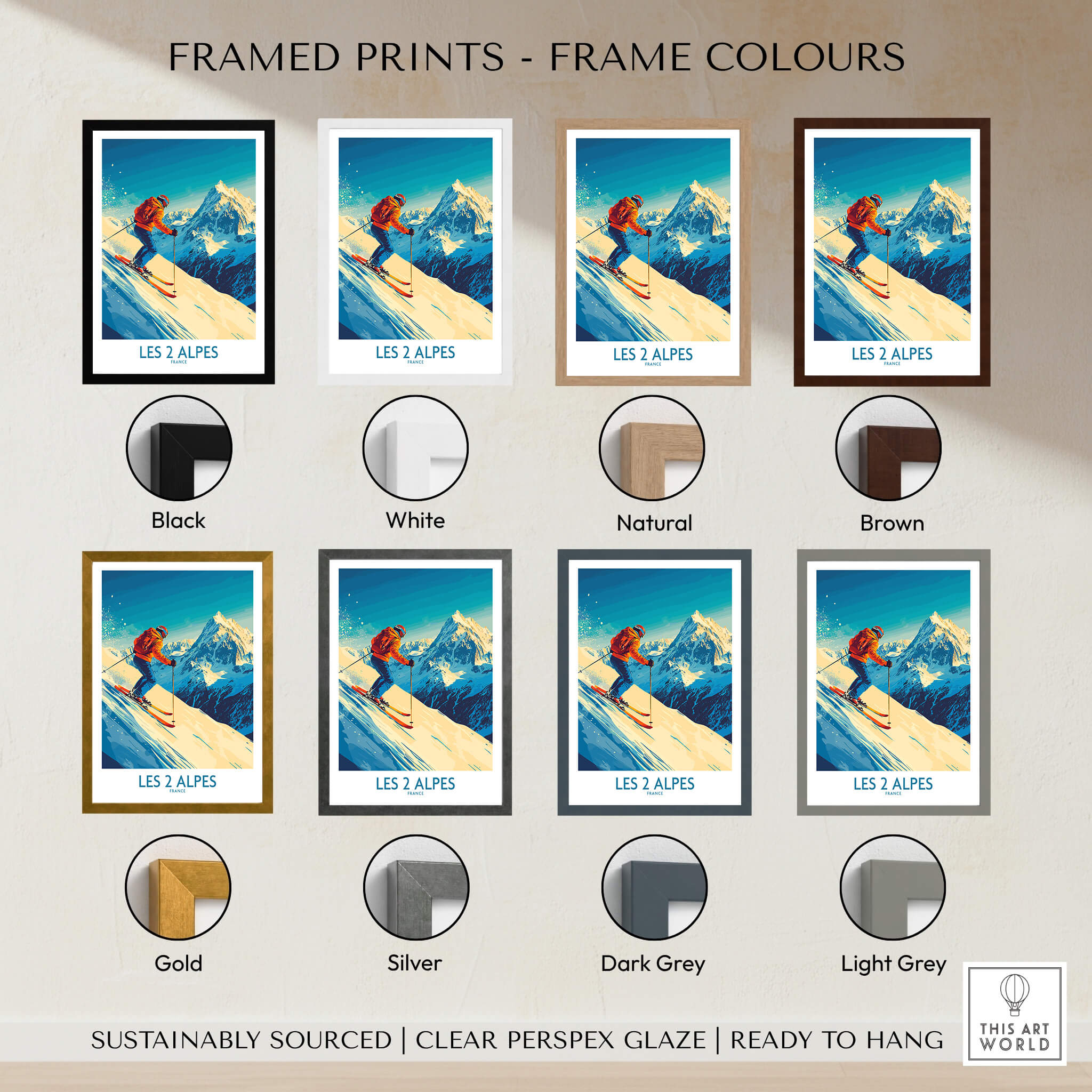 Framed prints options for Les 2 Alpes Wall Art Ski Poster in various colors including black, white, natural, brown, gold, silver.