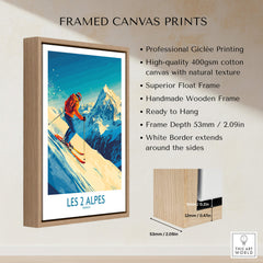 Les 2 Alpes Wall Art Ski Poster framed canvas print showcasing vibrant skiing scene and high-quality details.