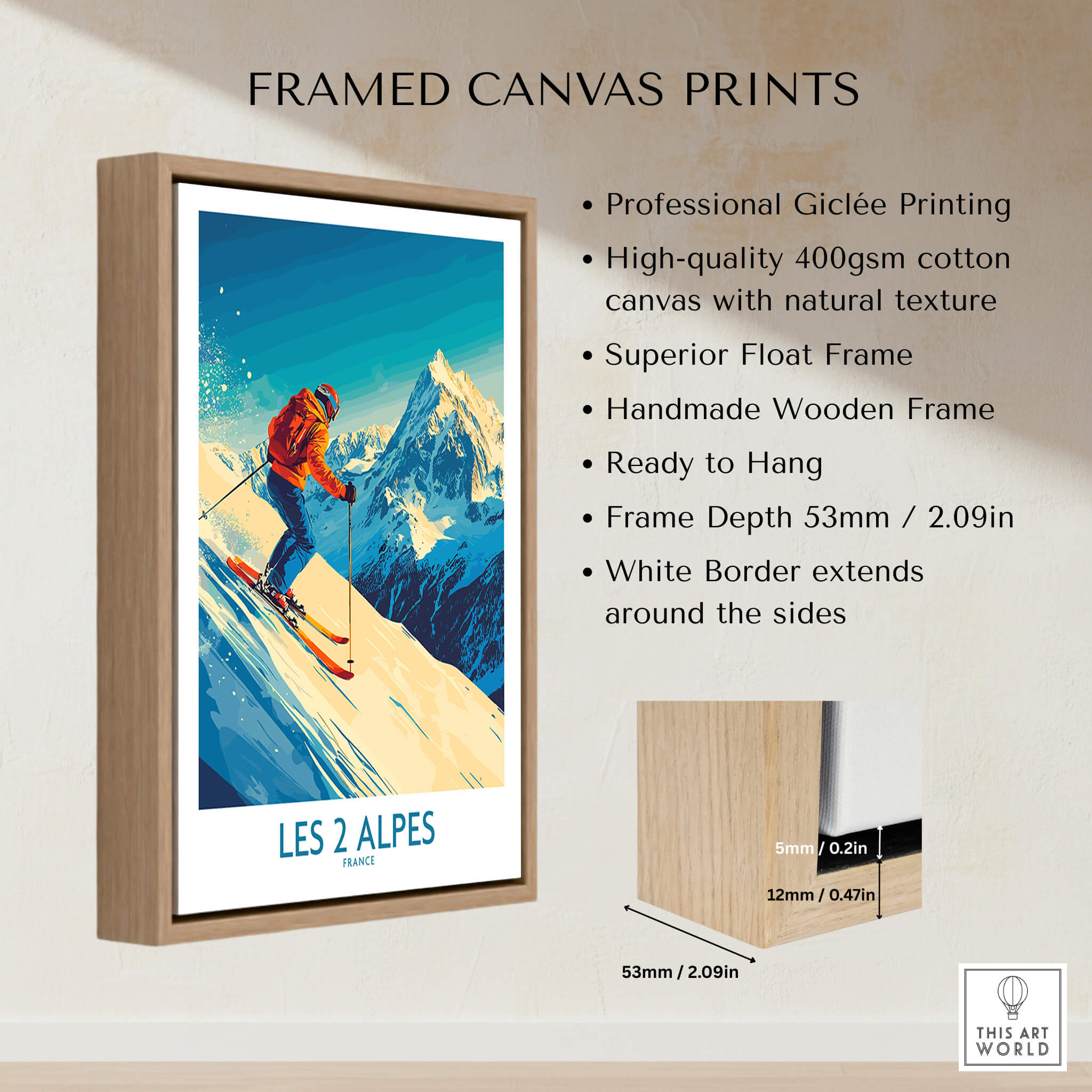 Les 2 Alpes Wall Art Ski Poster framed canvas print showcasing vibrant skiing scene and high-quality details.