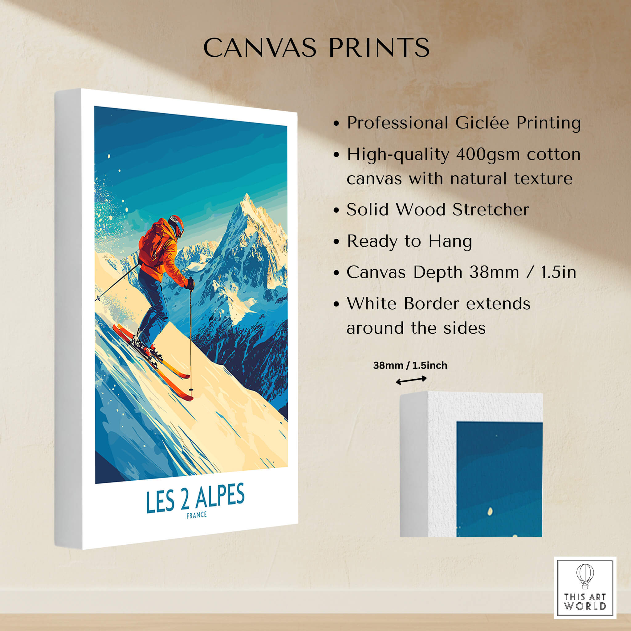 Les 2 Alpes Wall Art Ski Poster featuring vibrant ski scene with mountains and skier, ideal for home or office decor.