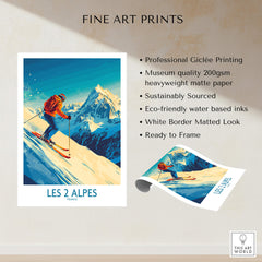 Les 2 Alpes Wall Art Ski Poster showcasing vibrant artwork and quality printing features for ski enthusiasts.
