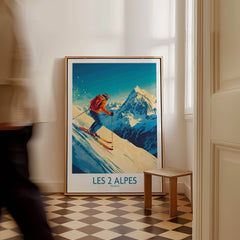 Les 2 Alpes Wall Art Ski Poster showcasing a skier against stunning mountain backdrop in a stylish interior.