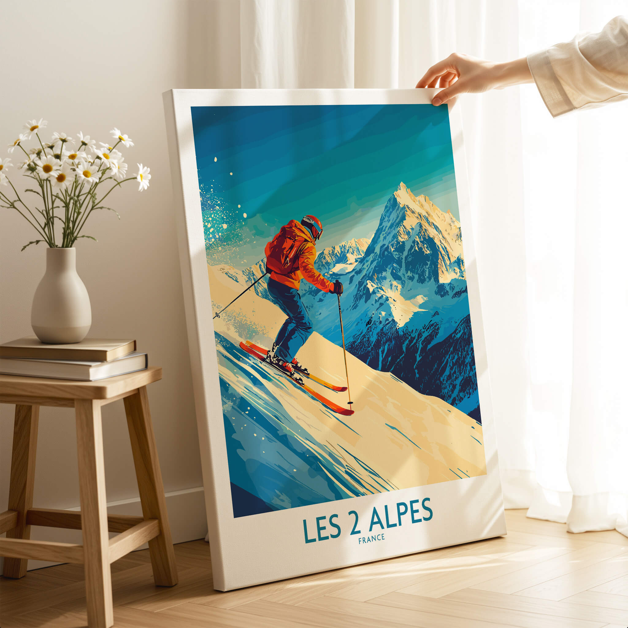 Les 2 Alpes Wall Art Ski Poster featuring a skier on a snowy slope with mountains in the background.
