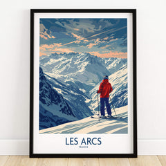 Les Arcs Ski Print - France featuring a skier overlooking snow-capped mountains in a beautiful landscape.