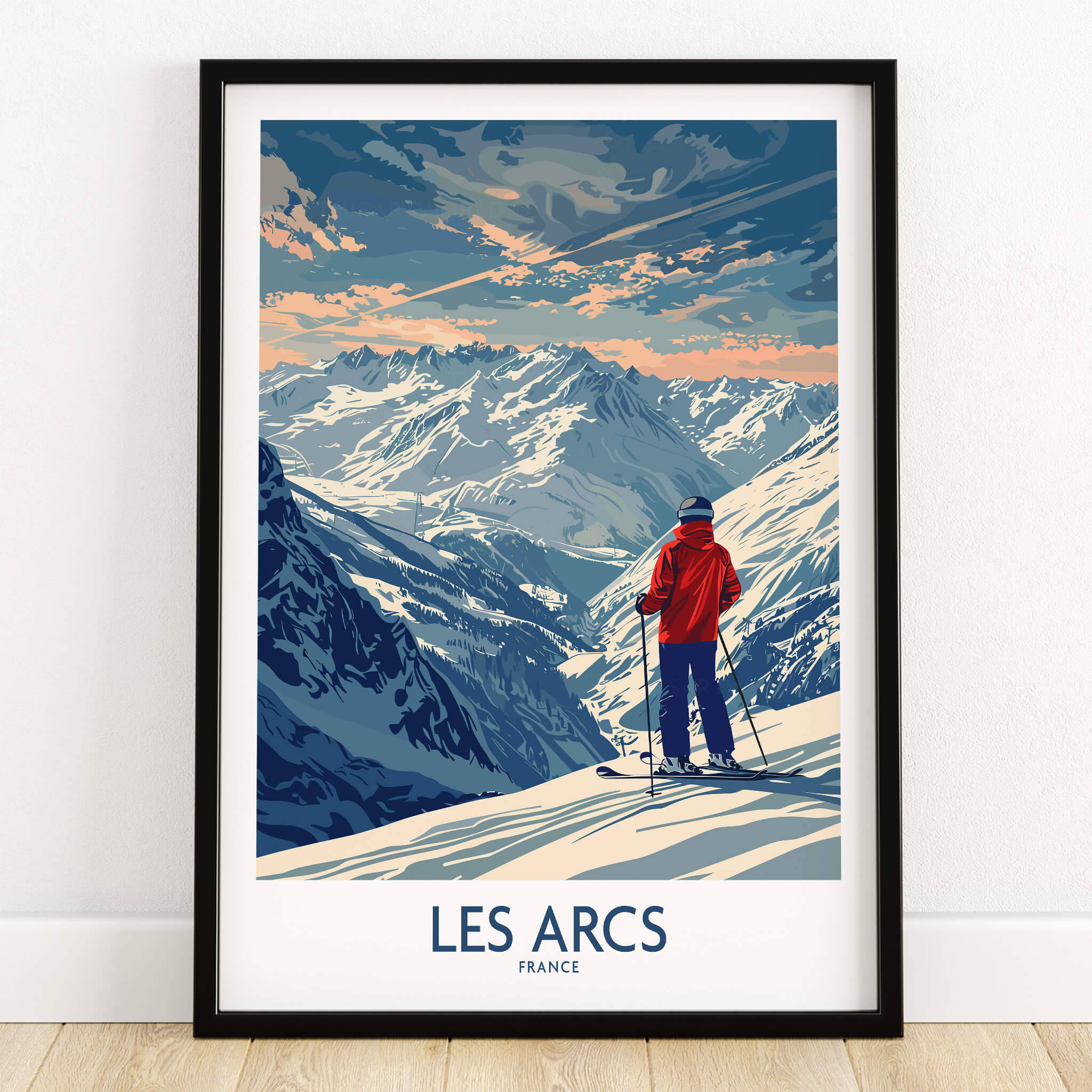Les Arcs Ski Print - France featuring a skier overlooking snow-capped mountains in a beautiful landscape.