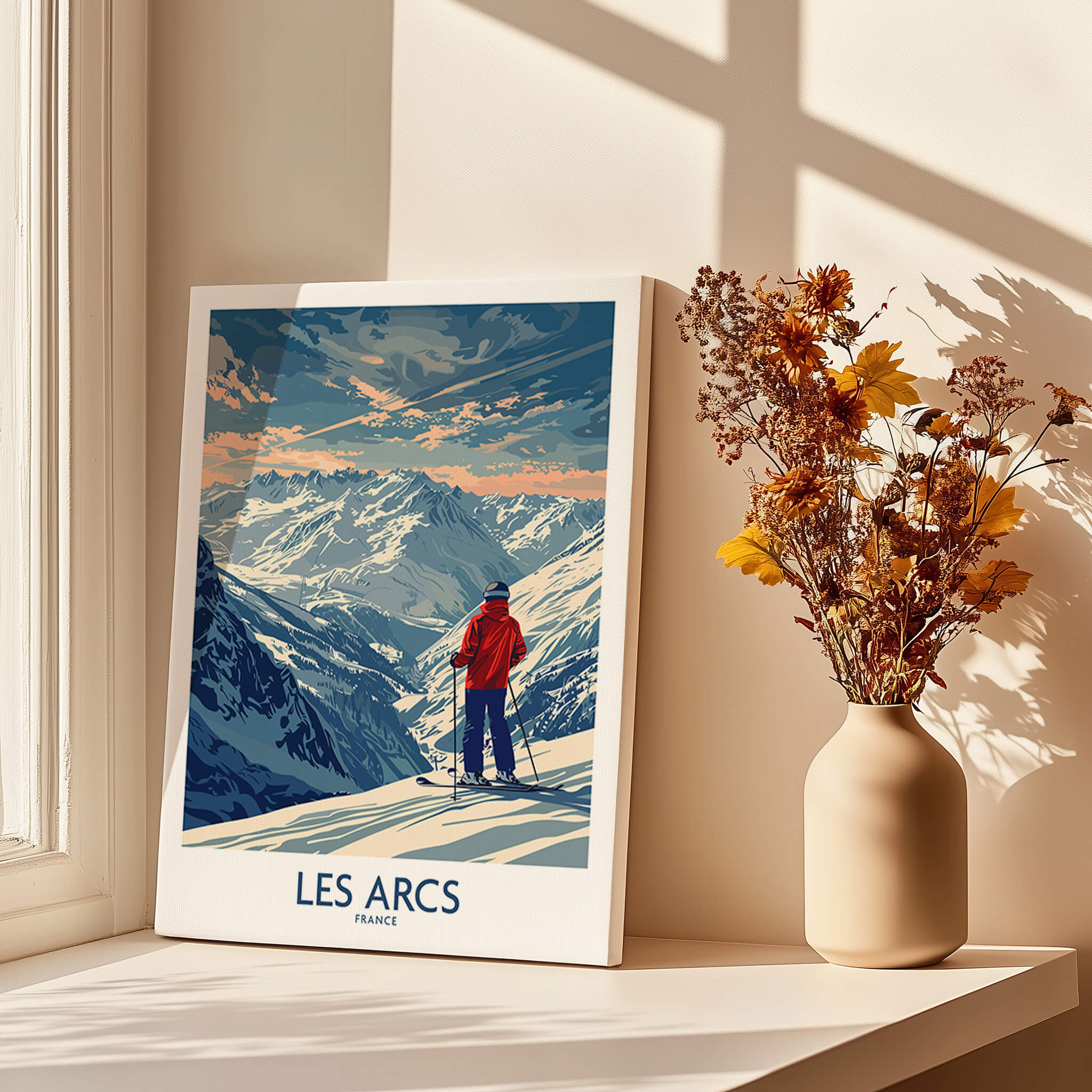 Les Arcs Ski Print -  France, featuring a skier enjoying the stunning mountain view in a beautifully decorated space.