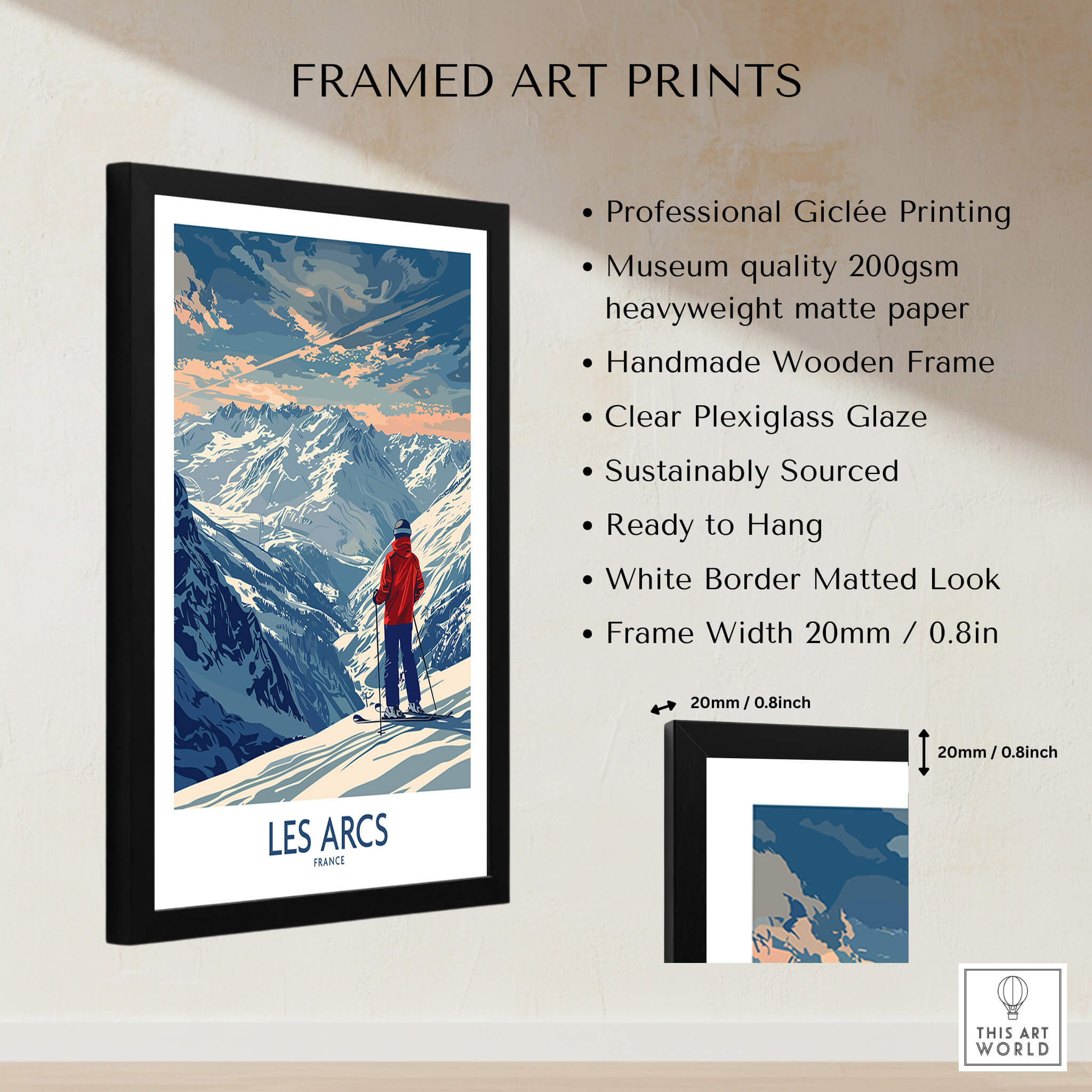Les Arcs Ski Print - France framed art print showcasing scenic mountain landscapes and skier in vibrant colors.