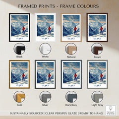 Framed prints of Les Arcs Ski Print - France featuring various frame colors: Black, White, Natural, Brown, Gold, Silver, Dark Grey, Light Grey.
