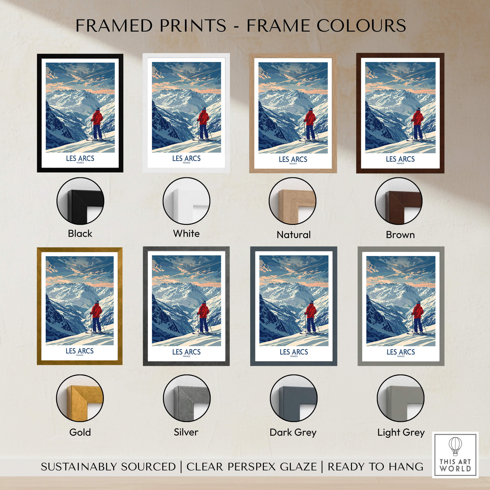 Framed prints of Les Arcs Ski Print - France featuring various frame colors: Black, White, Natural, Brown, Gold, Silver, Dark Grey, Light Grey.