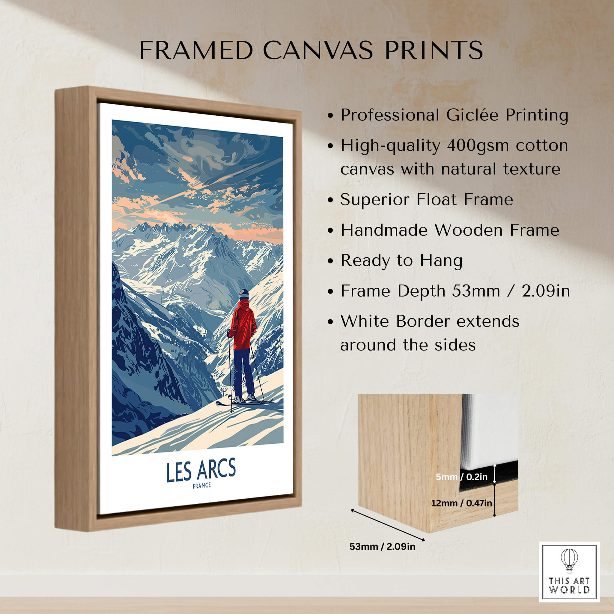 Framed canvas print featuring Les Arcs Ski Print - France with a stunning mountain landscape.